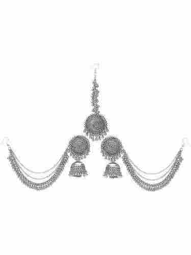 Stylish Silver Bahubali Jhumka Earrings With Maang Tikka Set