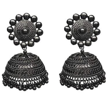 Traditional Black Silver Toned Dome Shaped Metal Jhumki Earring Weight: 20 Grams (G)