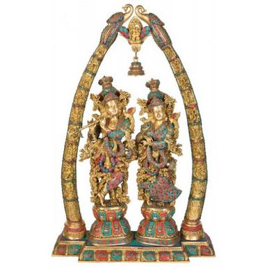 Sculpture Radha Krishna Statue With Peacock Design Sculpted In Solid Brass Metal For Home Temple