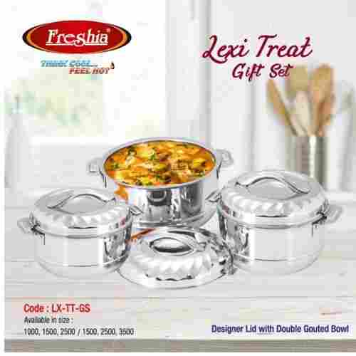 3 pieces Stainless Steel Lexi Treat Designer Lid with Double Gouted Bowl Gift Set