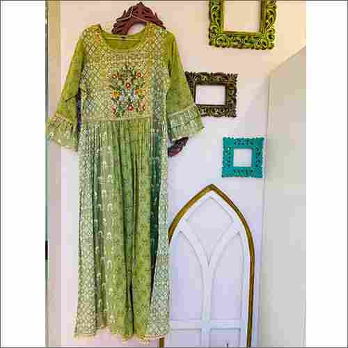 Pure Mulmul Green Cotton Calf Length Dress