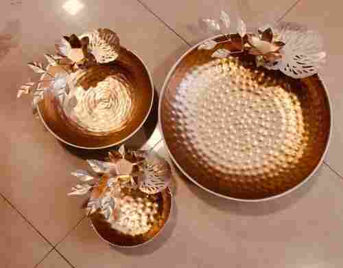 Gold Powder Coated Metal Round Decorative Urli and Tray Set Of 3