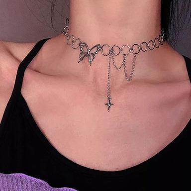Vembley Silver Punk Style Geometric Circle Star Tassel Butterfly Choker Necklace For Women And Girls Size: Adjustable