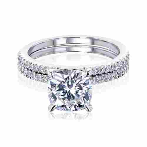 Cushion Shape Solitaire Diamond Ring With Side Accents 14k White Gold 2 CT