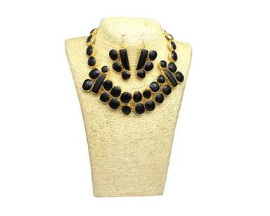 Oval Natural Black Onyx Stones Gold Plated Earrings Necklace Set