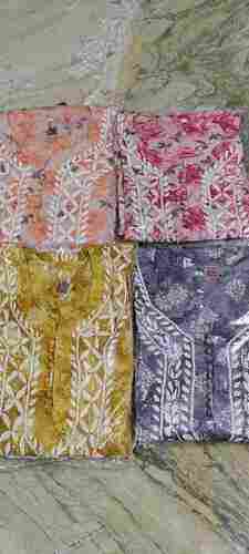 Lucknowi latest mulmul printed cottton kurti fabric hand work embroidery Length-42
