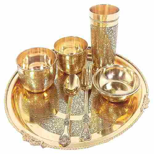 TamraPatra Pure Brass Dinner Set of 7- Brass (thali with Border)