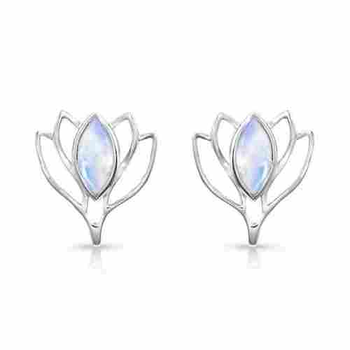 925 Sterling Silver Rainbow Moonstone Marquise Cabochon Lotus Stud Gemstone Earrings
