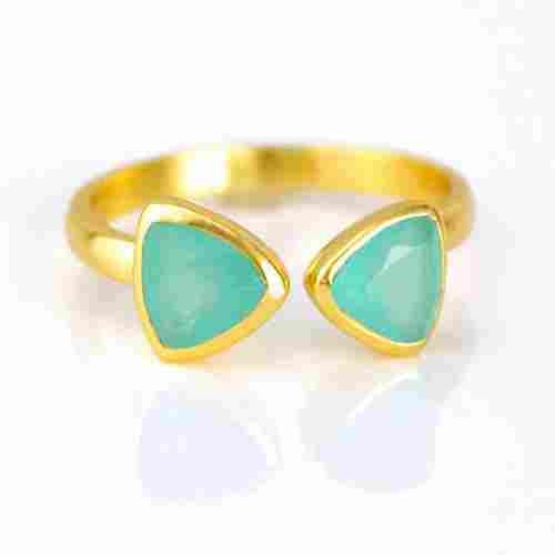 Aqua Chalcedony Gemstone Triangle Shape Bezel Set Gold Vermeil Adjustable Ring