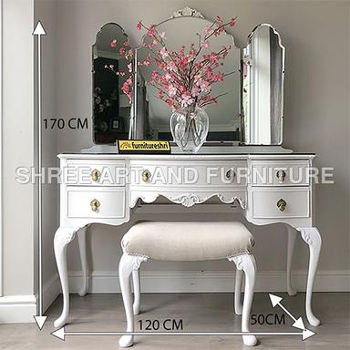 White Fsdt010 Antique French Dressing Table With Mirror And Stool