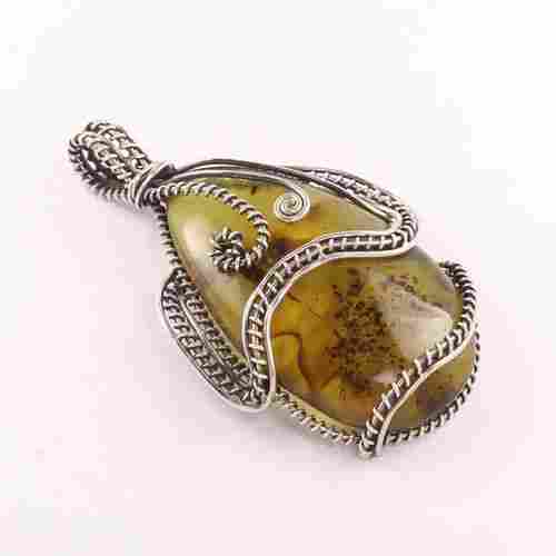 925 Sterling Silver Yellow Amber Pear Tumbled Oxidized Wired Jewelry Pendant