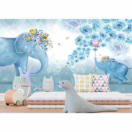 Blue Floral Elephant Wall Mural Wallpaper