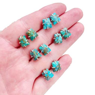 Copper Turquoise Gemstone 10x8mm Trapezoid Shape Prong set Sterling Silver Stud Earrings