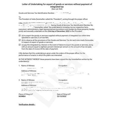 Letter Of Undertaking (LUT) Services