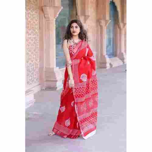 Ladies Red Cotton Linen Sarees