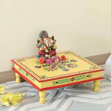 Chandan Yellow Wooden Hand Painted Chowki Indoor Furniture