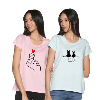 Different Available Candy Pink Heart Print Whispy Blue Cat Print Round Neck T-Shirt Pack Of 2