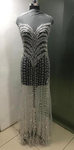 Silver Fancy Beaded Front And Back Panel Dress Fabric