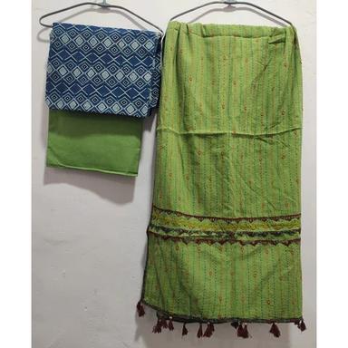 Mehndi And Blue Ajrakh Print Shirt Kantha Work Cotton Suit Fabric
