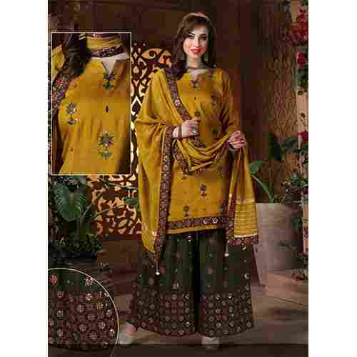 Mustard Colour Dola Silk Embroidered Designer Sharara Suits