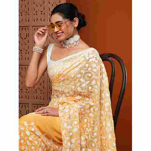 Womens Organza Yellow Embroidered Designer Saree With Blouse Piece