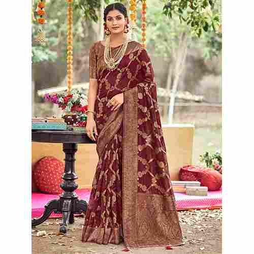 Womens Organza Maroon Woven Design Saree With Blouse Piece