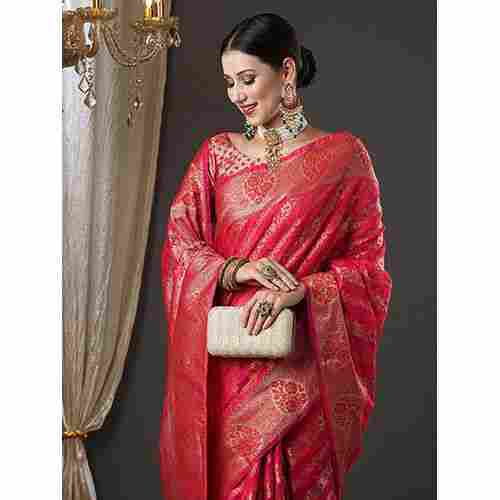 Womens Organza Pink Woven Design Saree With Blouse Piece