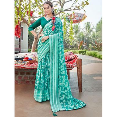 Green Womens Chiffon Blue Printed Saree With Blouse Piece