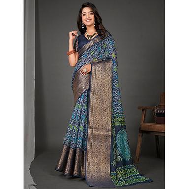 Blue Womens Cotton Blend Printed Designer Saree With Blouse Piece