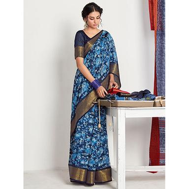 Casual Womens Cotton Blend Navy Blue Printed Saree With Blouse Piece