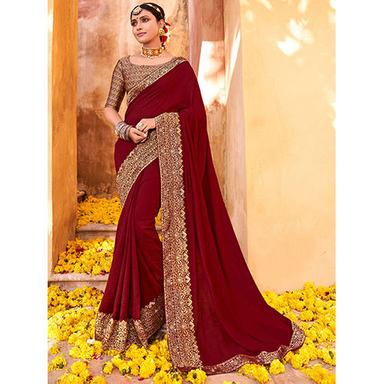 Casual Womens Vichitra Silk Maroon Saree With Blouse Piece