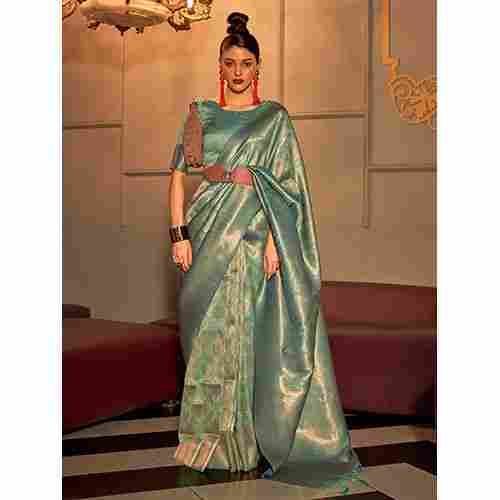 Womens Silk Blend Sea Green Woven Handloom Saree With Blouse Piece