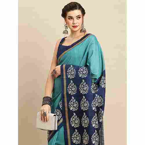Womens Bhagalpuri Silk Blue Designer Saree With Blouse Piece