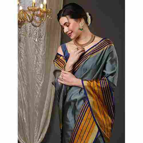 Womens Aura Silk Grey Woven Design Saree With Blouse Piece