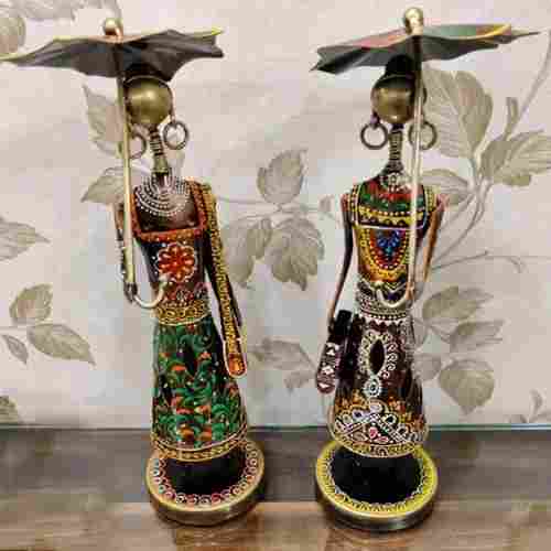 Traditional Indian Lady Pair Metal Statues