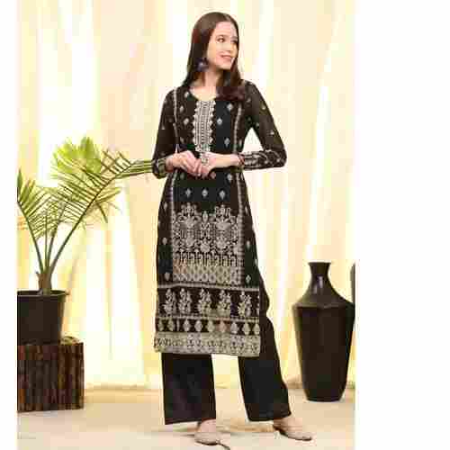 Georgette Black Embroidered Palazzo Suit