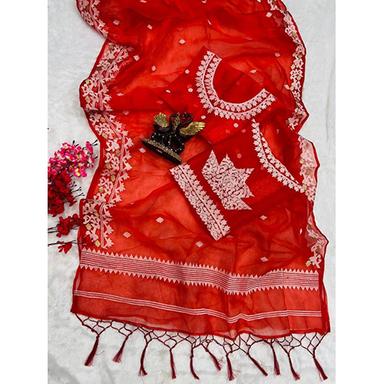 Red Ladies Multi Embroidery Pallu Work With Tussel Border Sarees