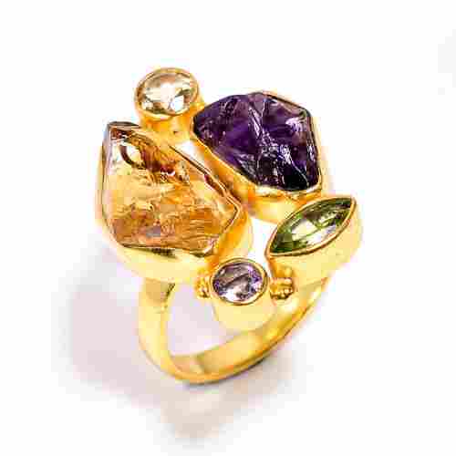 Natural Raw Gemstone Sterling Silver Gold Plated Ring