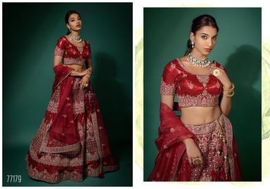 Ethnic Cherry Red Net Semi Stitched Embroidered Lehenga Choli With Unstitched Blouse And Dupatta