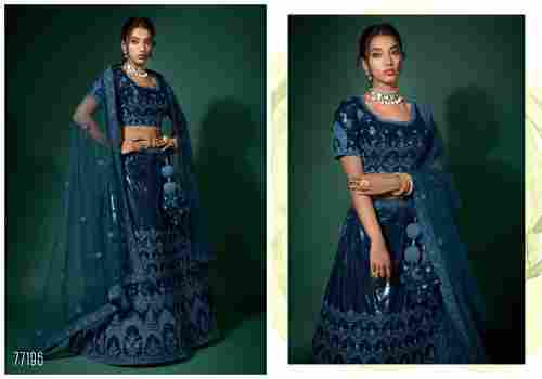 Navy Blue And Peach Pink Net Embroidered Fancy Semi Stitched Lehenga And Unstitched Choli-77196