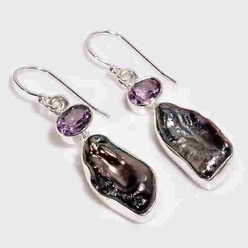 925 Sterling Silver Black Baroque Pearl Amethyst Gemstone Earrings