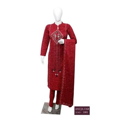 Winter Ladies Woolen Embroidered Red Suit Set