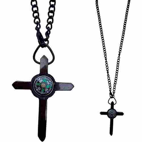 God's Way Black Cross Necklace Compass Pendant 12 inches Gift for him
