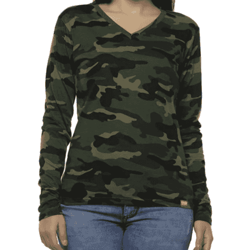 Women Full Sleeve V Neck Camouflage T Shirt