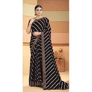 Casual Black Cotton Silk Stripped With Unstiched Blouse