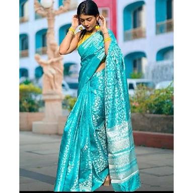 Party Wear Light Blue Pure Silk Embellished Sari With Unstiched Blouse