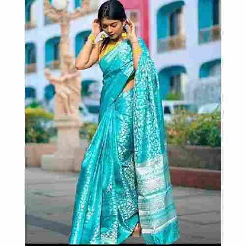 Light Blue Pure Silk Embellished sari with Unstiched Blouse