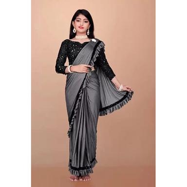 Plain Black Ready To Wear Lycra Blend Embellished And Solid-Plain Sari With Unstiched Blouse