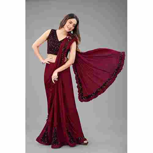 Maroon Ready to Wear Lycra Blend Embellished Sari With Unstiched Blouse
