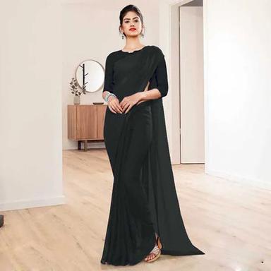 Casual Black Georgette Solid-Plain Sari With Unstiched Blouse